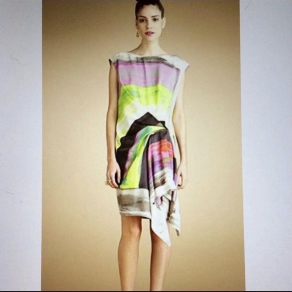 Rachel Roy Watercolor Pleat Dress Draped Asymmetrical Artsy Multicolor Size XL